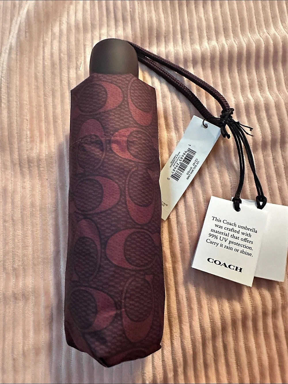 Coach UV Protection Mini Umbrella In Signature Print Brown & Burgundy NWT